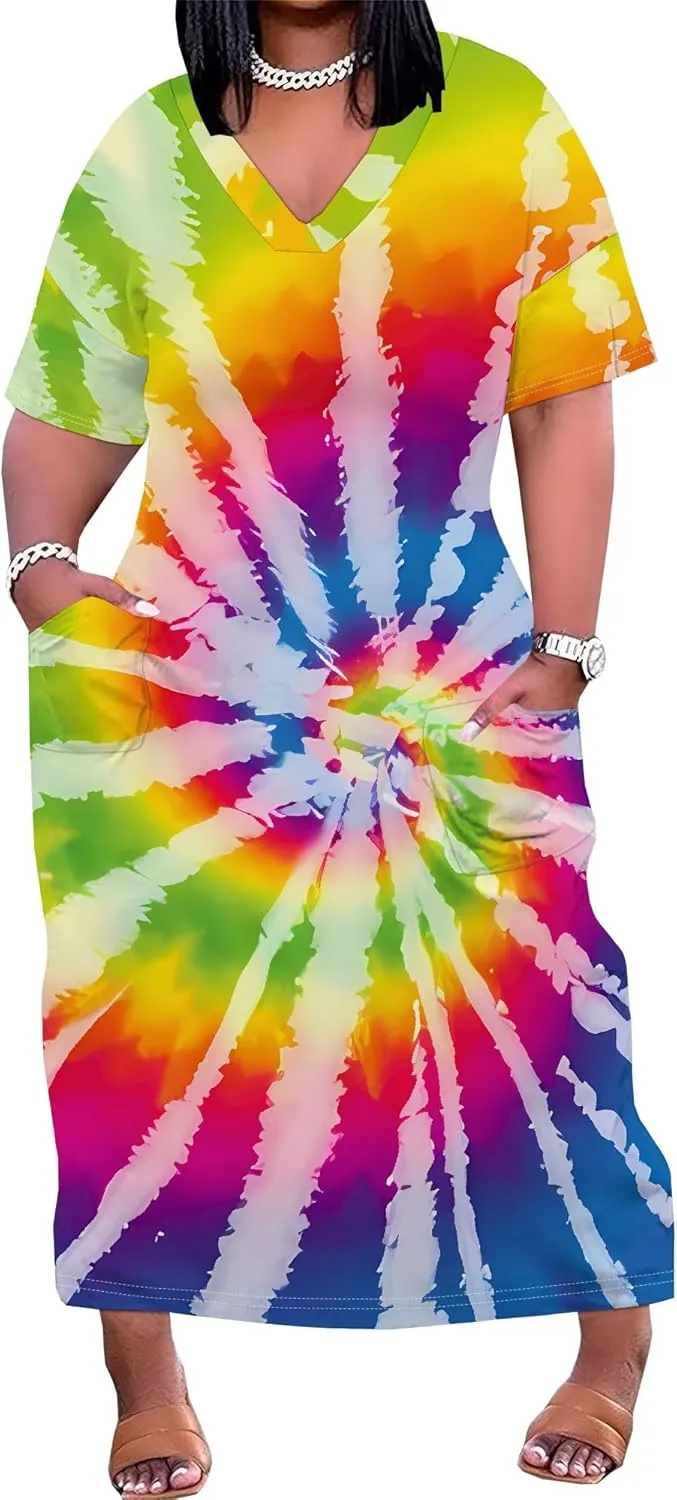 Women Casual T-Shirt Dress V Neck Short Sleeve with Front Two Pockets Solid Color Oversize Dresses
