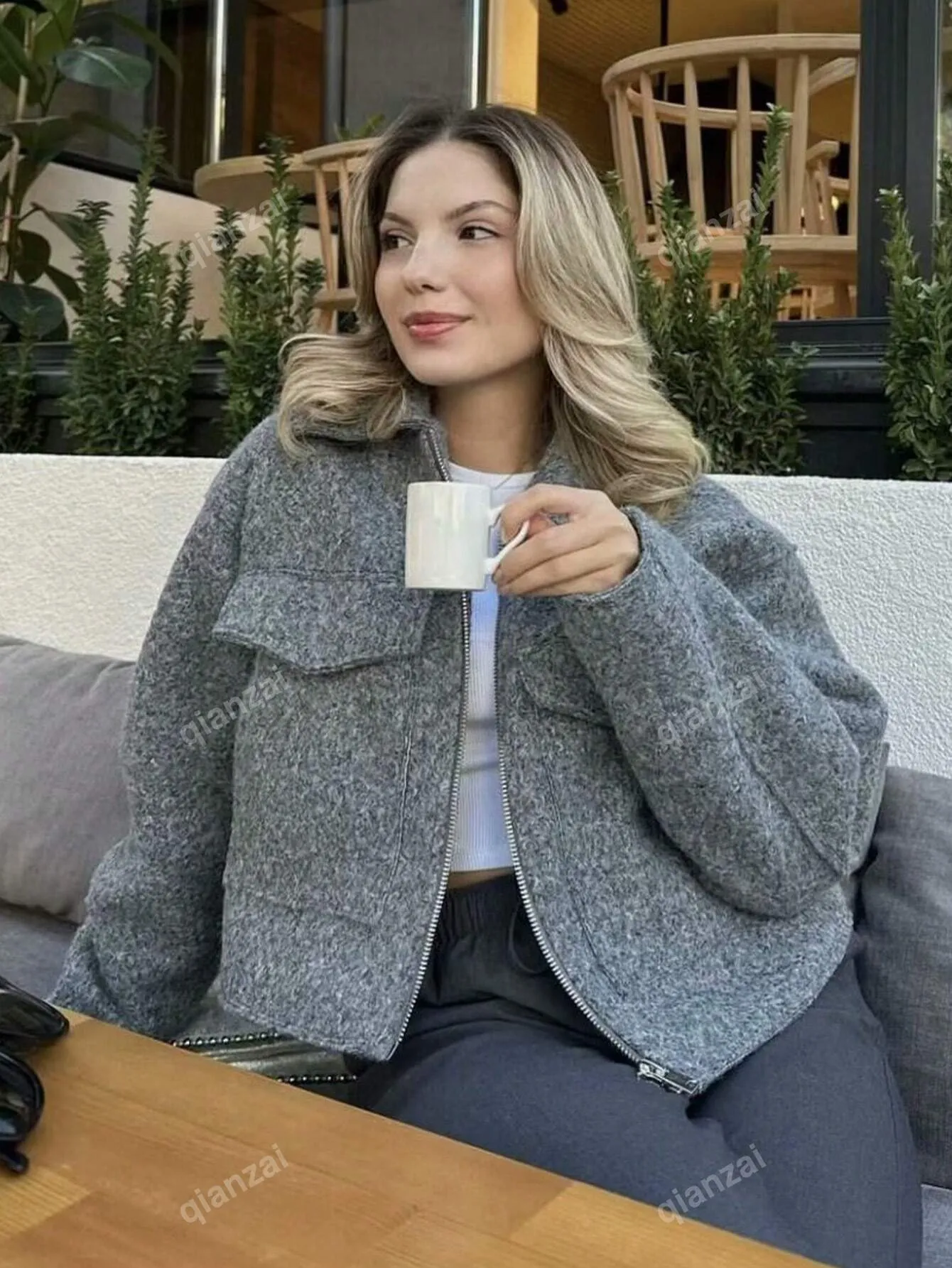 Women Elegant Solid Jacket Front Pocket Long Sleeve Zipper Jackets Coat