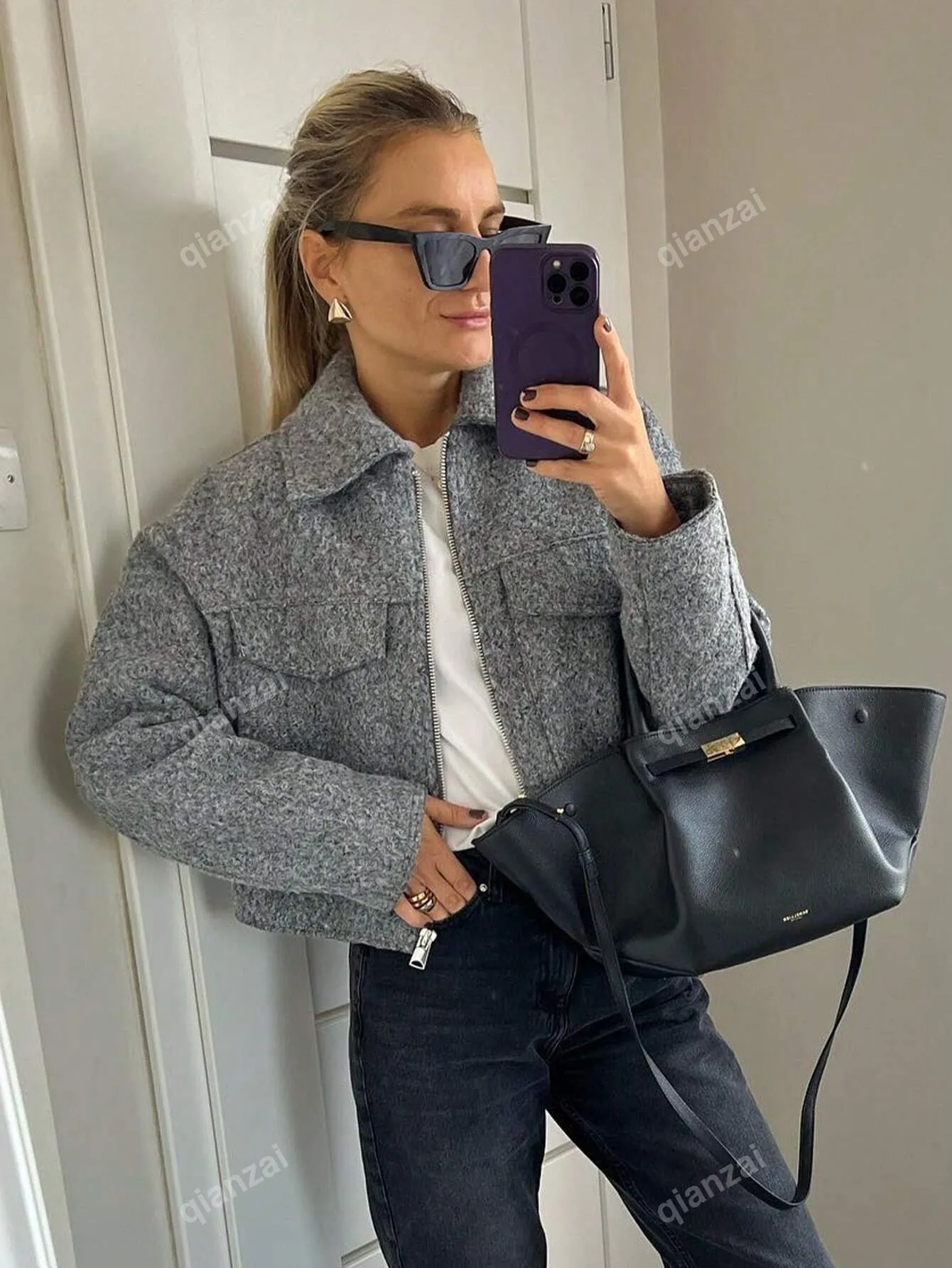 Women Elegant Solid Jacket Front Pocket Long Sleeve Zipper Jackets Coat