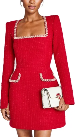 Women Elegant Tweed Mini Dress Long Sleeve Square Neck Pearl A Line Formal Prom Business Party Short Dresses