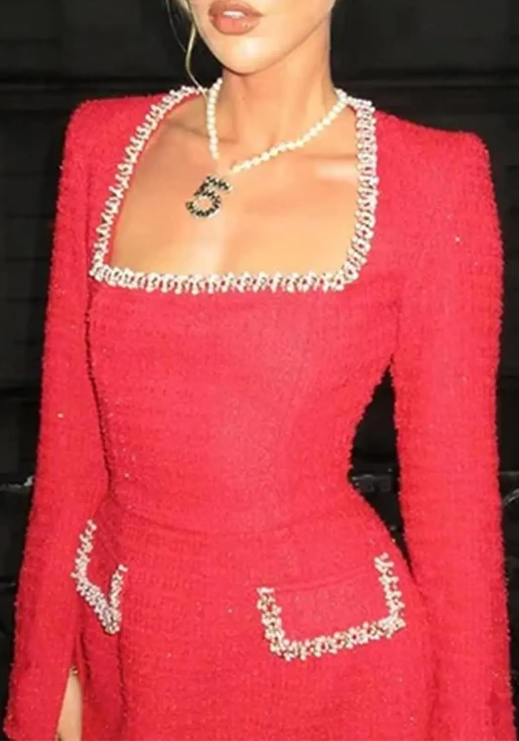 Women Elegant Tweed Mini Dress Long Sleeve Square Neck Pearl A Line Formal Prom Business Party Short Dresses