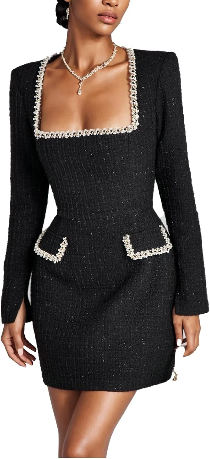 Women Elegant Tweed Mini Dress Long Sleeve Square Neck Pearl A Line Formal Prom Business Party Short Dresses
