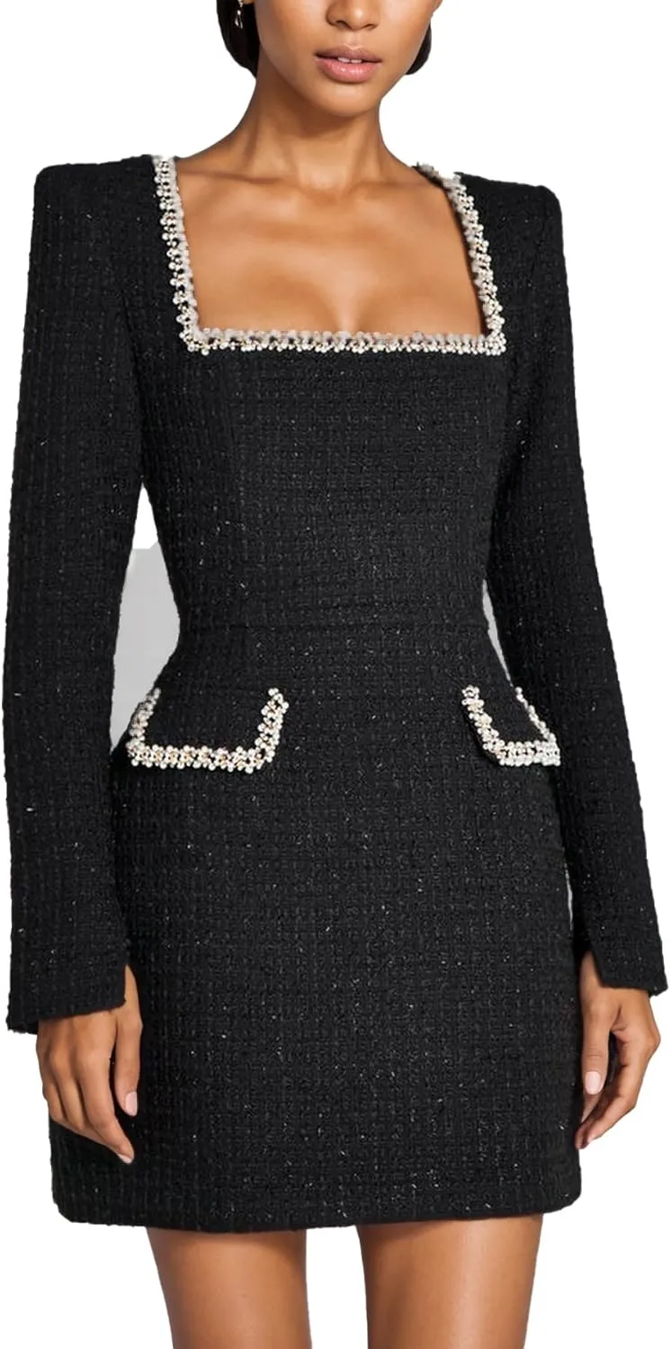 Women Elegant Tweed Mini Dress Long Sleeve Square Neck Pearl A Line Formal Prom Business Party Short Dresses