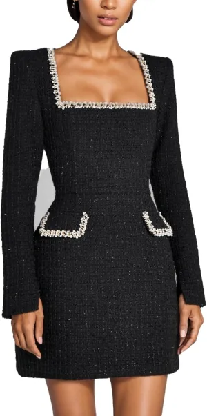 Women Elegant Tweed Mini Dress Long Sleeve Square Neck Pearl A Line Formal Prom Business Party Short Dresses