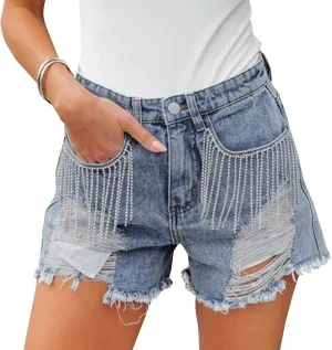 Women High Rise Ripped Denim Shorts Casual Stretch Tassels Raw Hem Jean Shorts