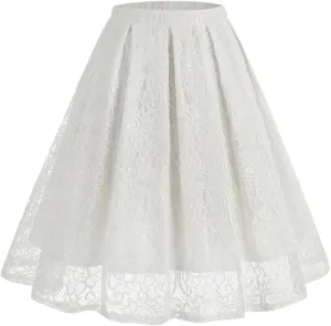 Women High Waist A-Line Skater Skirt Elastic Waist Solid Lace Skirt Midi Pleated Multi-Layer Skirts