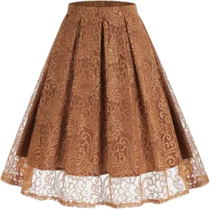 Women High Waist A-Line Skater Skirt Elastic Waist Solid Lace Skirt Midi Pleated Multi-Layer Skirts