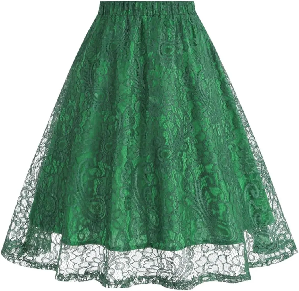 Women High Waist A-Line Skater Skirt Elastic Waist Solid Lace Skirt Midi Pleated Multi-Layer Skirts