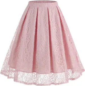 Women High Waist A-Line Skater Skirt Elastic Waist Solid Lace Skirt Midi Pleated Multi-Layer Skirts