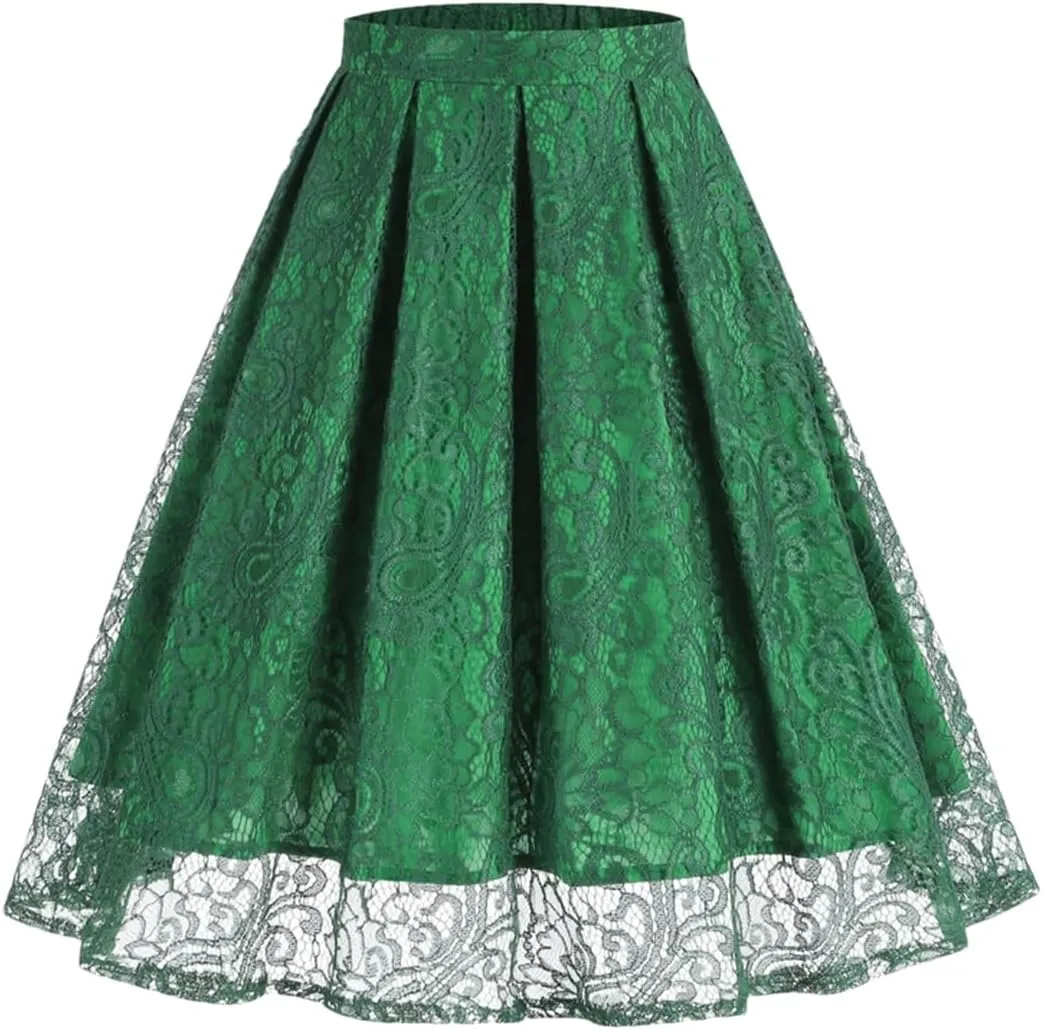 Women High Waist A-Line Skater Skirt Elastic Waist Solid Lace Skirt Midi Pleated Multi-Layer Skirts