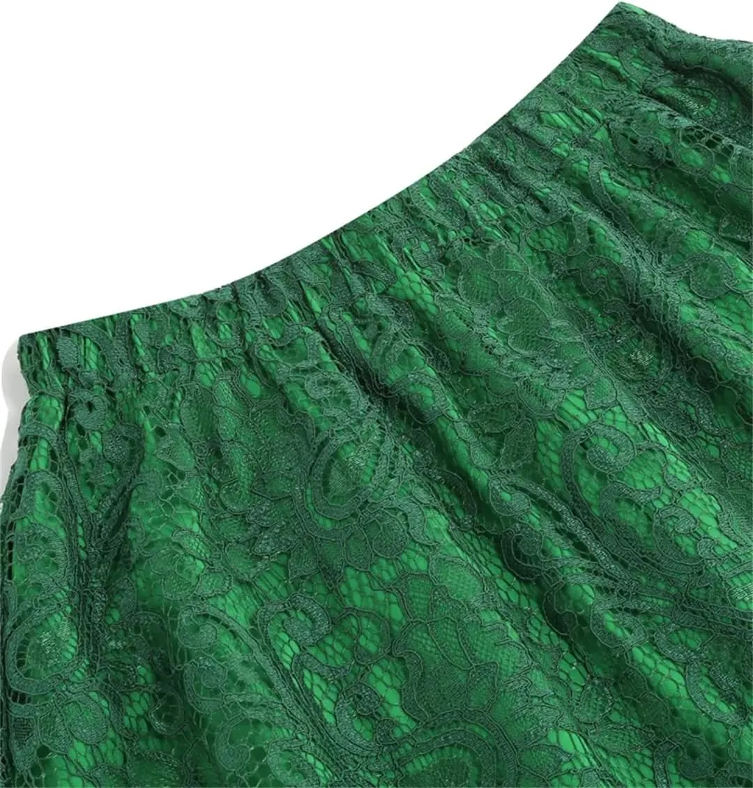 Women High Waist A-Line Skater Skirt Elastic Waist Solid Lace Skirt Midi Pleated Multi-Layer Skirts