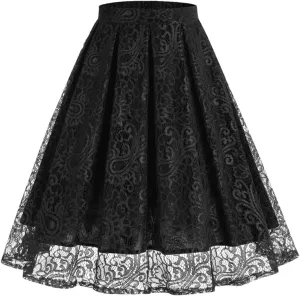 Women High Waist A-Line Skater Skirt Elastic Waist Solid Lace Skirt Midi Pleated Multi-Layer Skirts