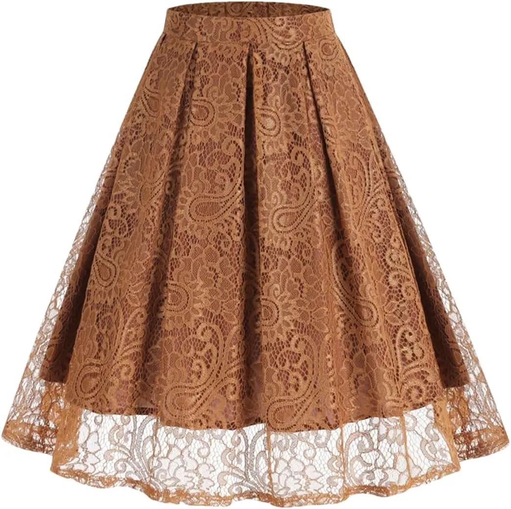 Women High Waist A-Line Skater Skirt Elastic Waist Solid Lace Skirt Midi Pleated Multi-Layer Skirts
