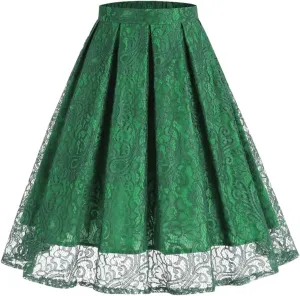 Women High Waist A-Line Skater Skirt Elastic Waist Solid Lace Skirt Midi Pleated Multi-Layer Skirts