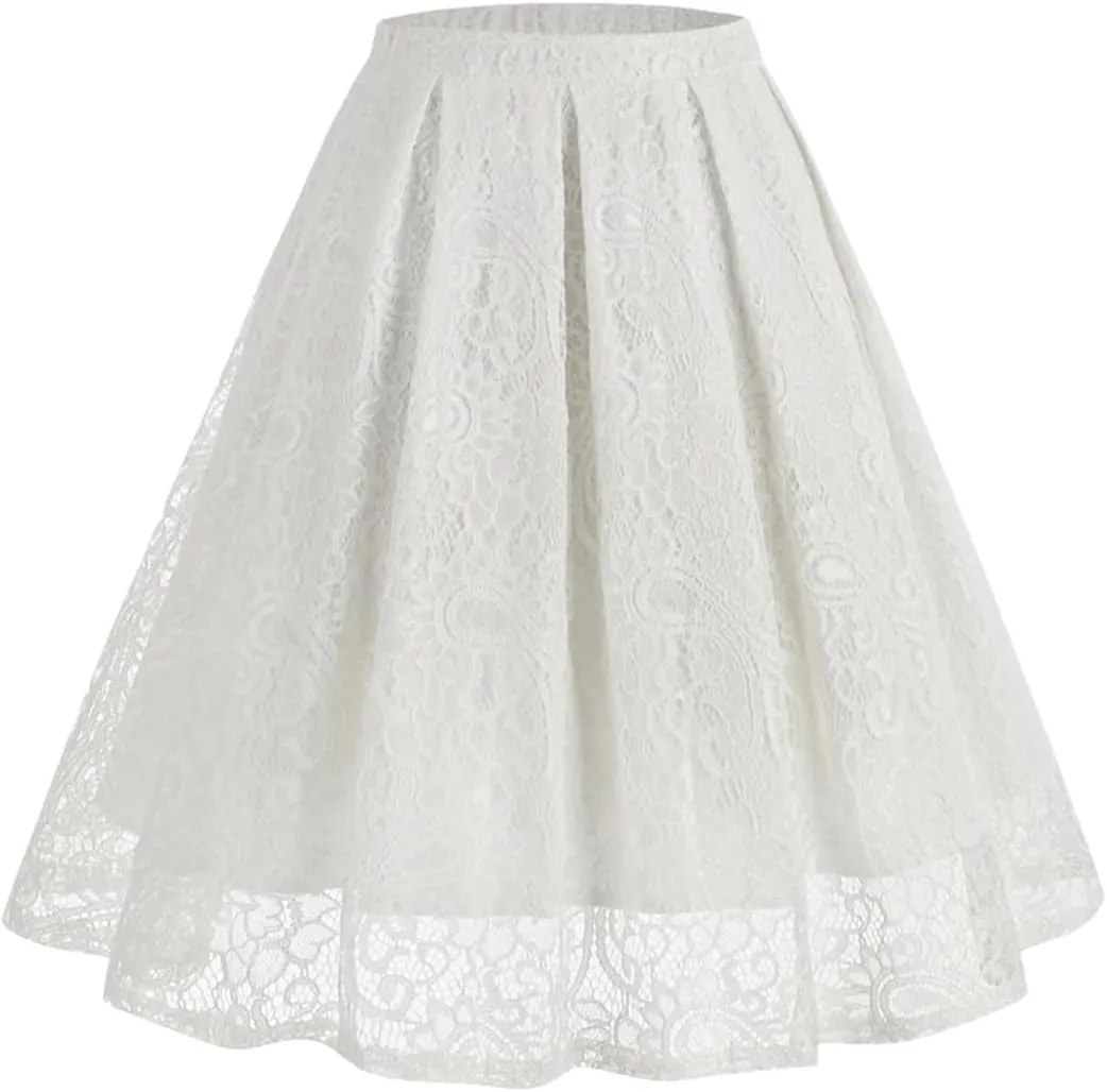 Women High Waist A-Line Skater Skirt Elastic Waist Solid Lace Skirt Midi Pleated Multi-Layer Skirts