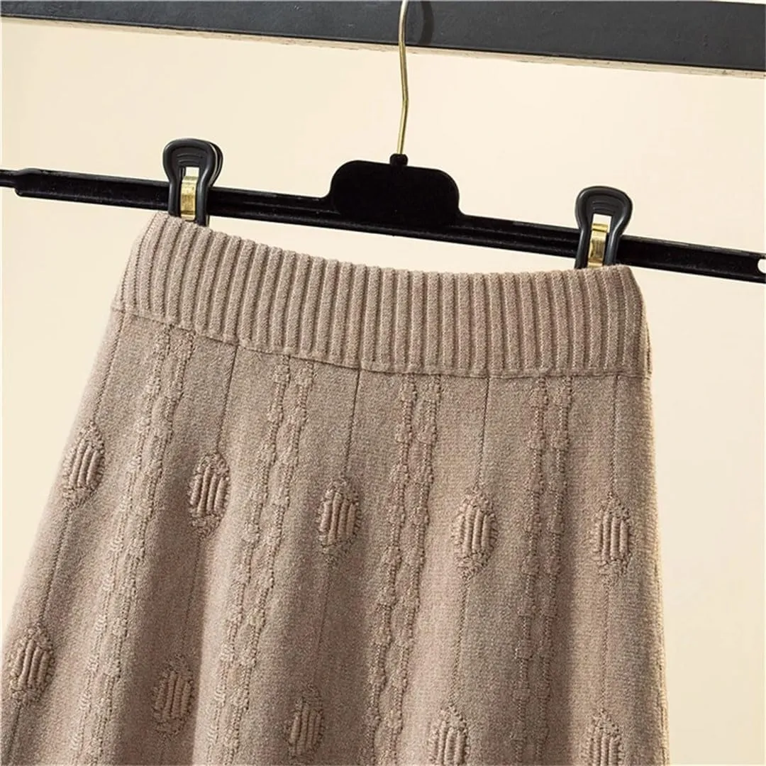 Women Knitted A Line Skirts Elastic High Waist Sweater Skirts Elegant Pleated Midi Skirt