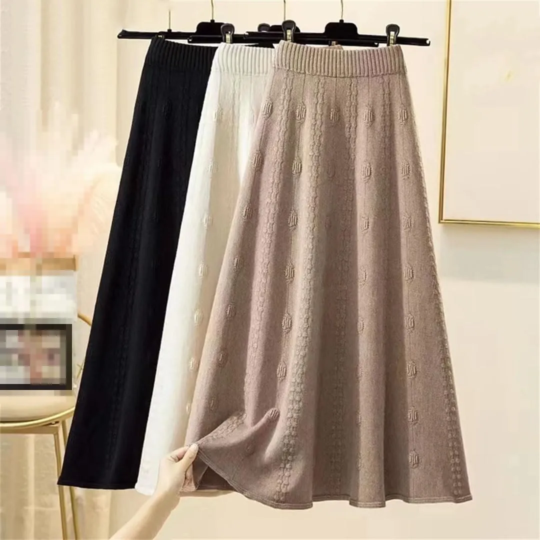 Women Knitted A Line Skirts Elastic High Waist Sweater Skirts Elegant Pleated Midi Skirt