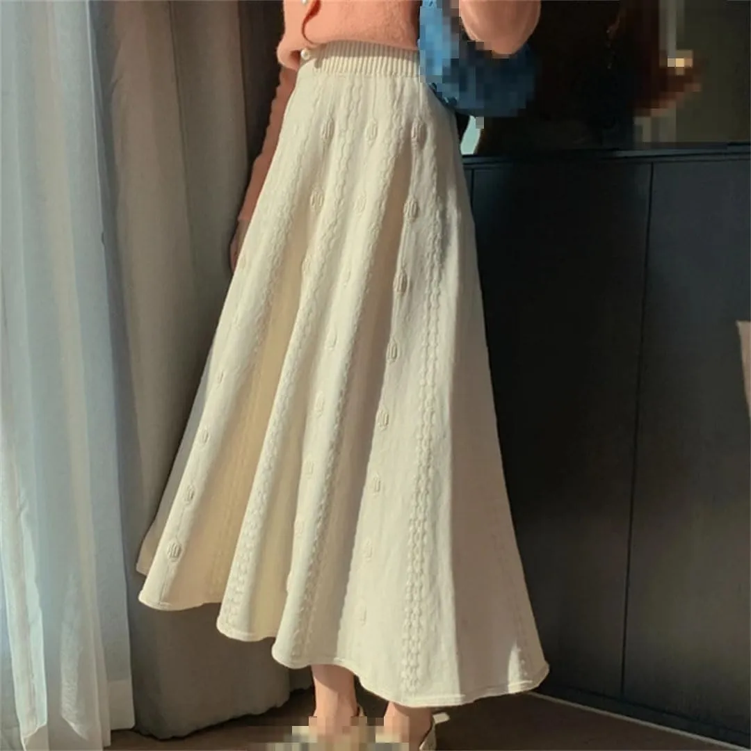 Women Knitted A Line Skirts Elastic High Waist Sweater Skirts Elegant Pleated Midi Skirt