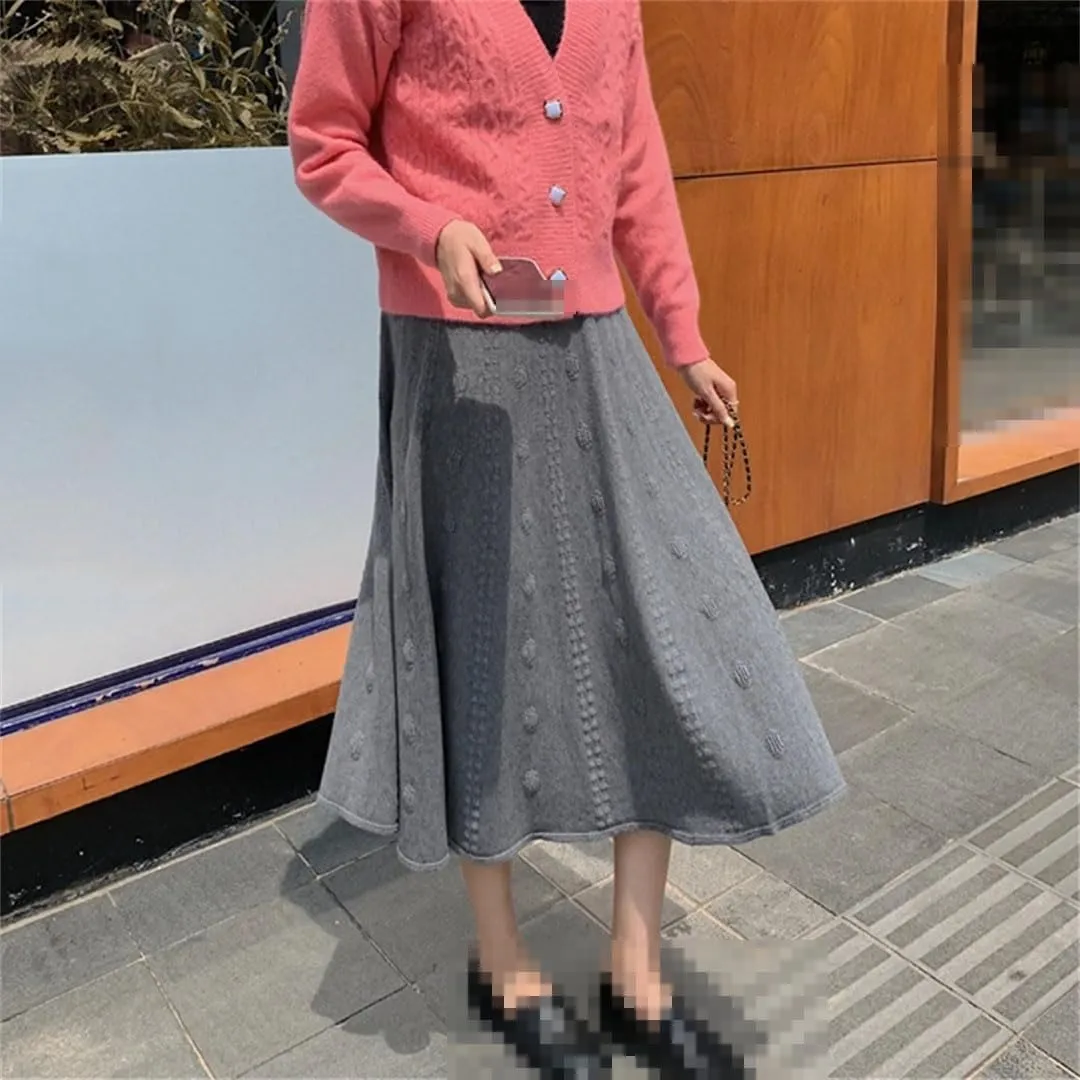 Women Knitted A Line Skirts Elastic High Waist Sweater Skirts Elegant Pleated Midi Skirt
