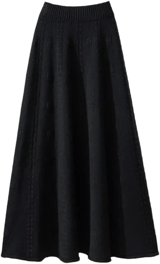 Women Knitted A Line Skirts Elastic High Waist Sweater Skirts Elegant Pleated Midi Skirt