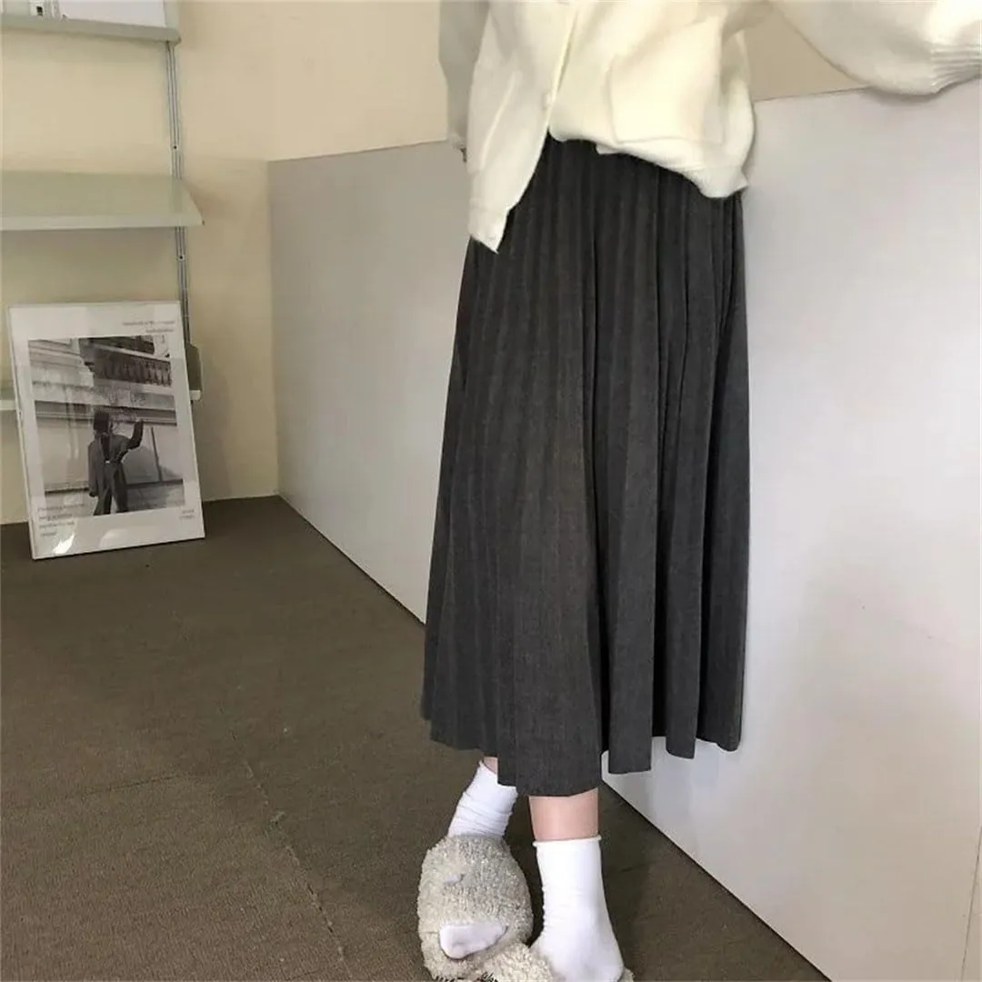 Women Korean Pleated Midi Skirt High Waist A Line Skirt Sweet Midi Skirt