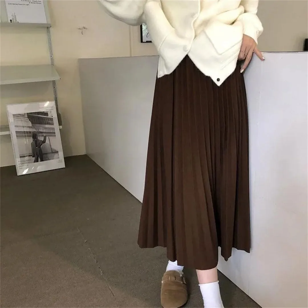 Women Korean Pleated Midi Skirt High Waist A Line Skirt Sweet Midi Skirt