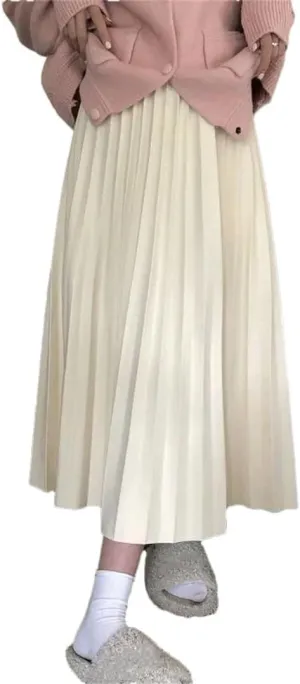 Women Korean Pleated Midi Skirt High Waist A Line Skirt Sweet Midi Skirt
