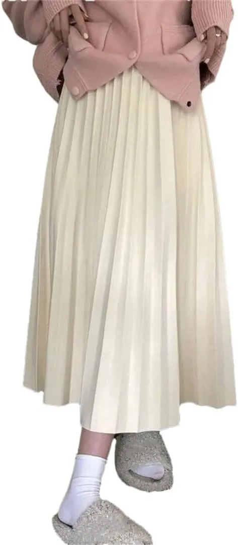 Women Korean Pleated Midi Skirt High Waist A Line Skirt Sweet Midi Skirt
