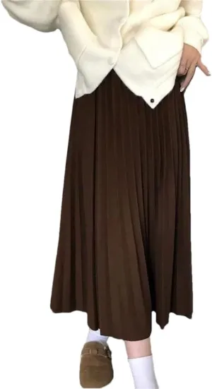 Women Korean Pleated Midi Skirt High Waist A Line Skirt Sweet Midi Skirt