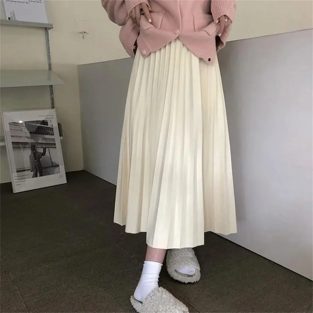 Women Korean Pleated Midi Skirt High Waist A Line Skirt Sweet Midi Skirt