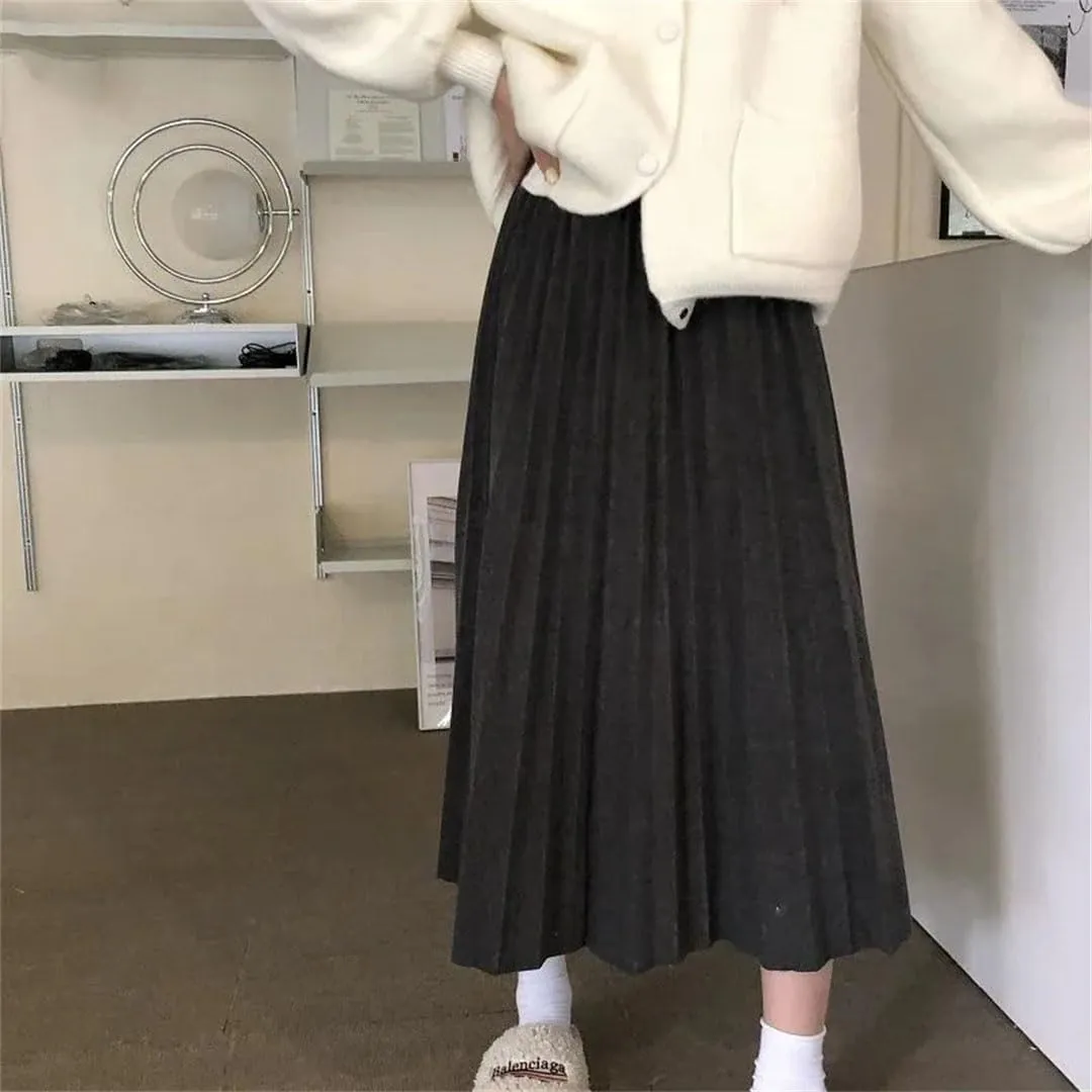 Women Korean Pleated Midi Skirt High Waist A Line Skirt Sweet Midi Skirt