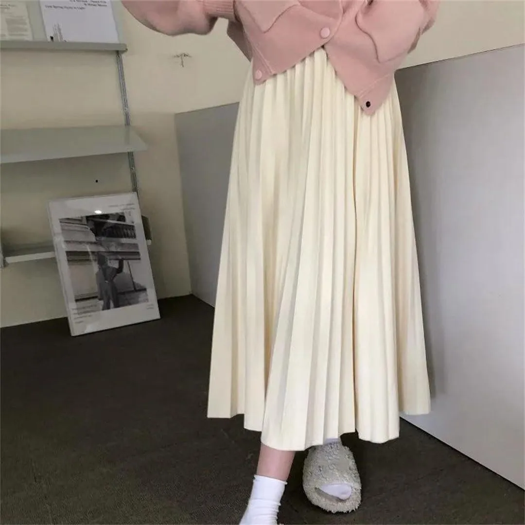 Women Korean Pleated Midi Skirt High Waist A Line Skirt Sweet Midi Skirt