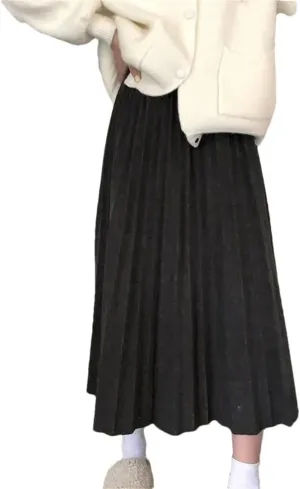 Women Korean Pleated Midi Skirt High Waist A Line Skirt Sweet Midi Skirt