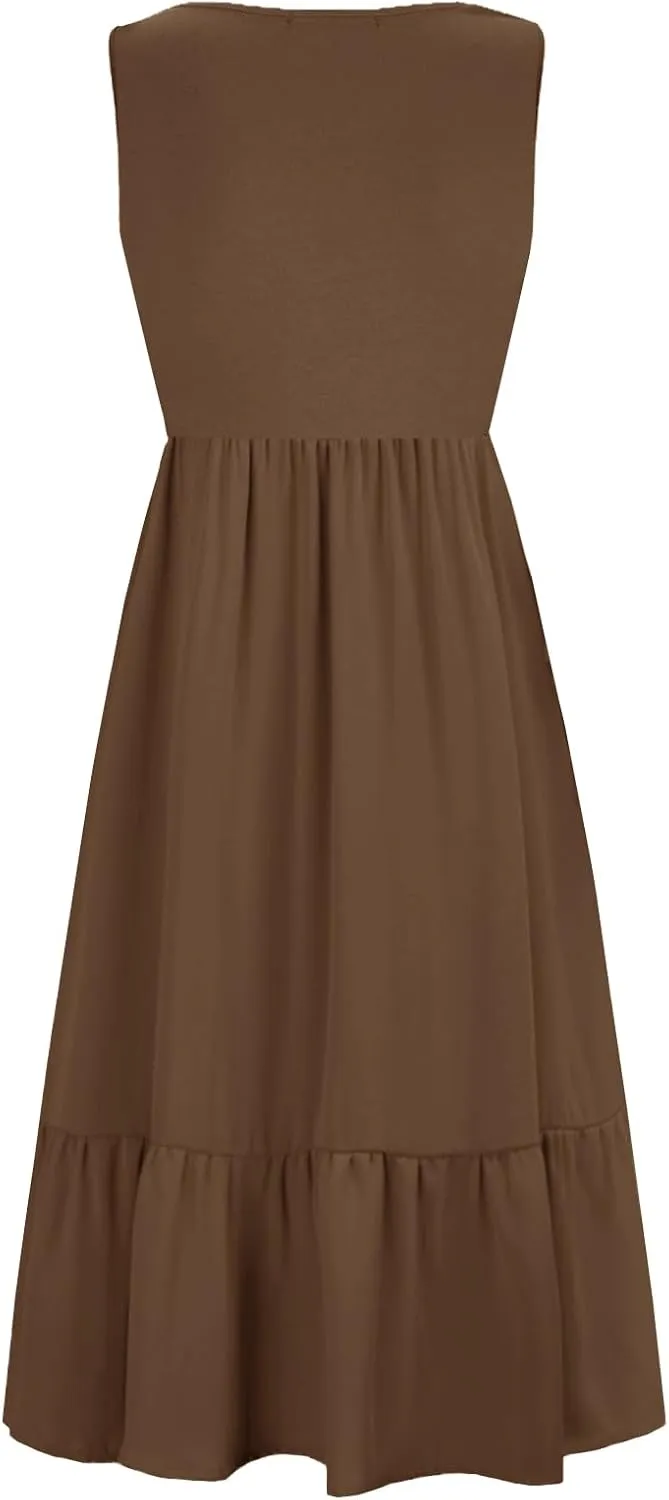 Women Nursing Dress Sleeveless Crew Neck Maternity Flowy Maxi Tiered Cocktail Sundress with Pockets