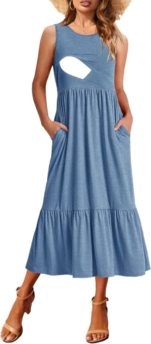 Women Nursing Dress Sleeveless Crew Neck Maternity Flowy Maxi Tiered Cocktail Sundress with Pockets