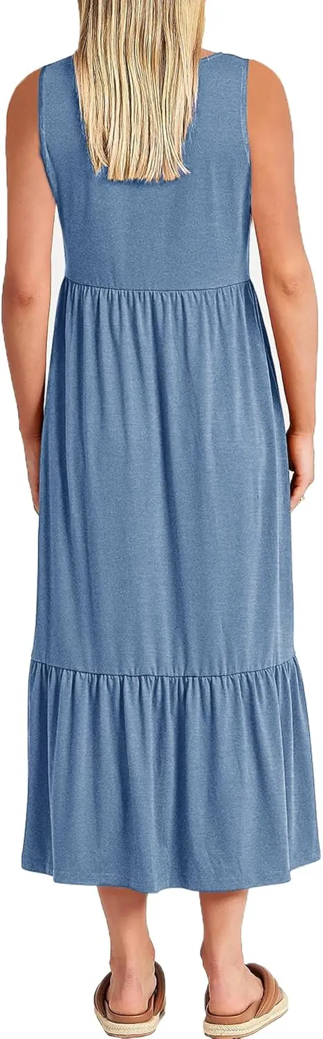 Women Nursing Dress Sleeveless Crew Neck Maternity Flowy Maxi Tiered Cocktail Sundress with Pockets