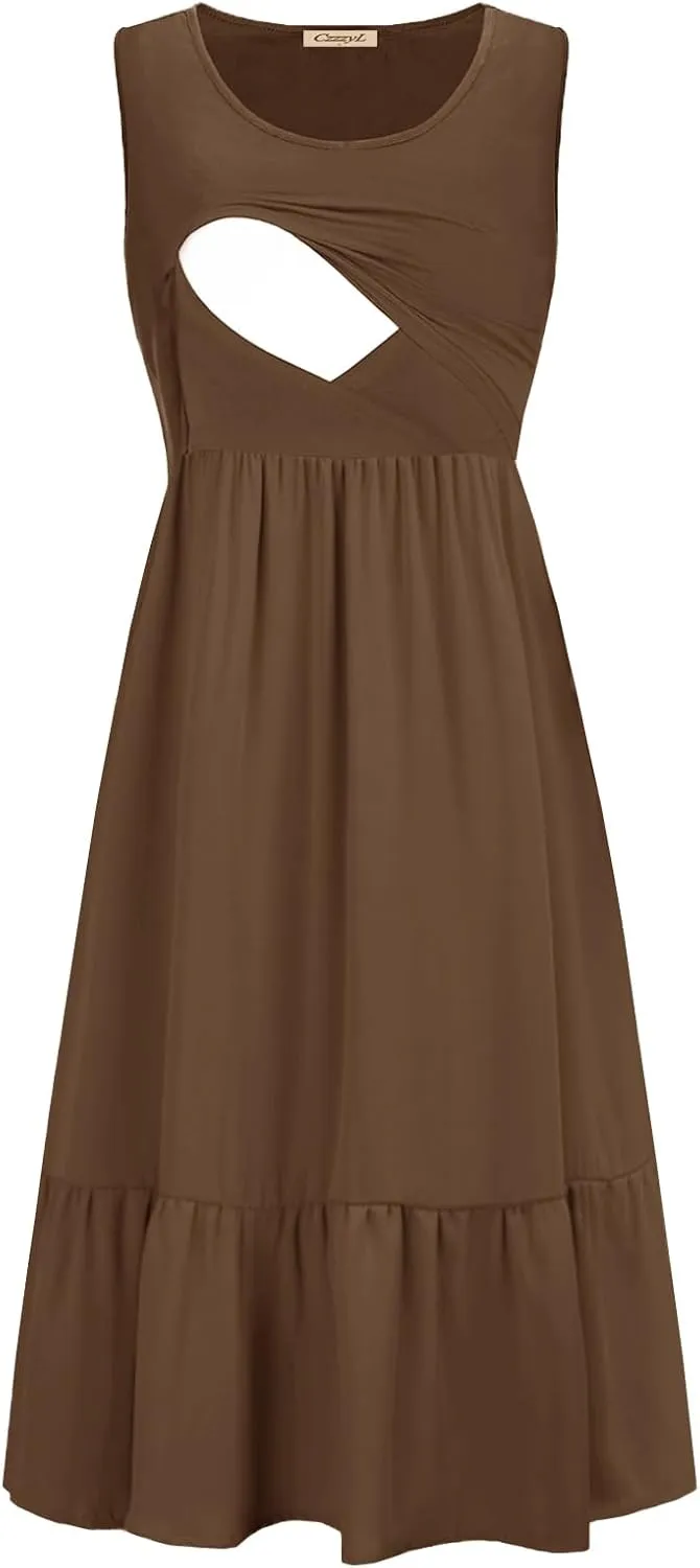 Women Nursing Dress Sleeveless Crew Neck Maternity Flowy Maxi Tiered Cocktail Sundress with Pockets