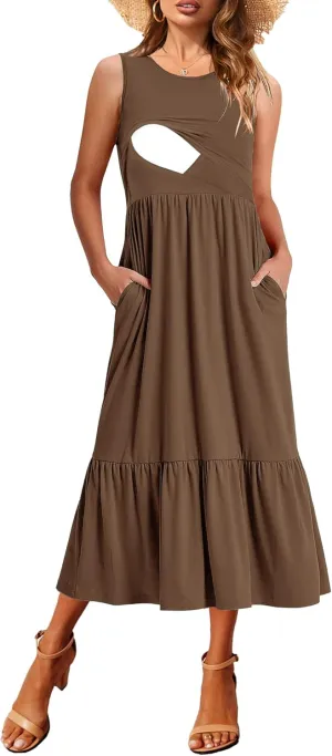 Women Nursing Dress Sleeveless Crew Neck Maternity Flowy Maxi Tiered Cocktail Sundress with Pockets