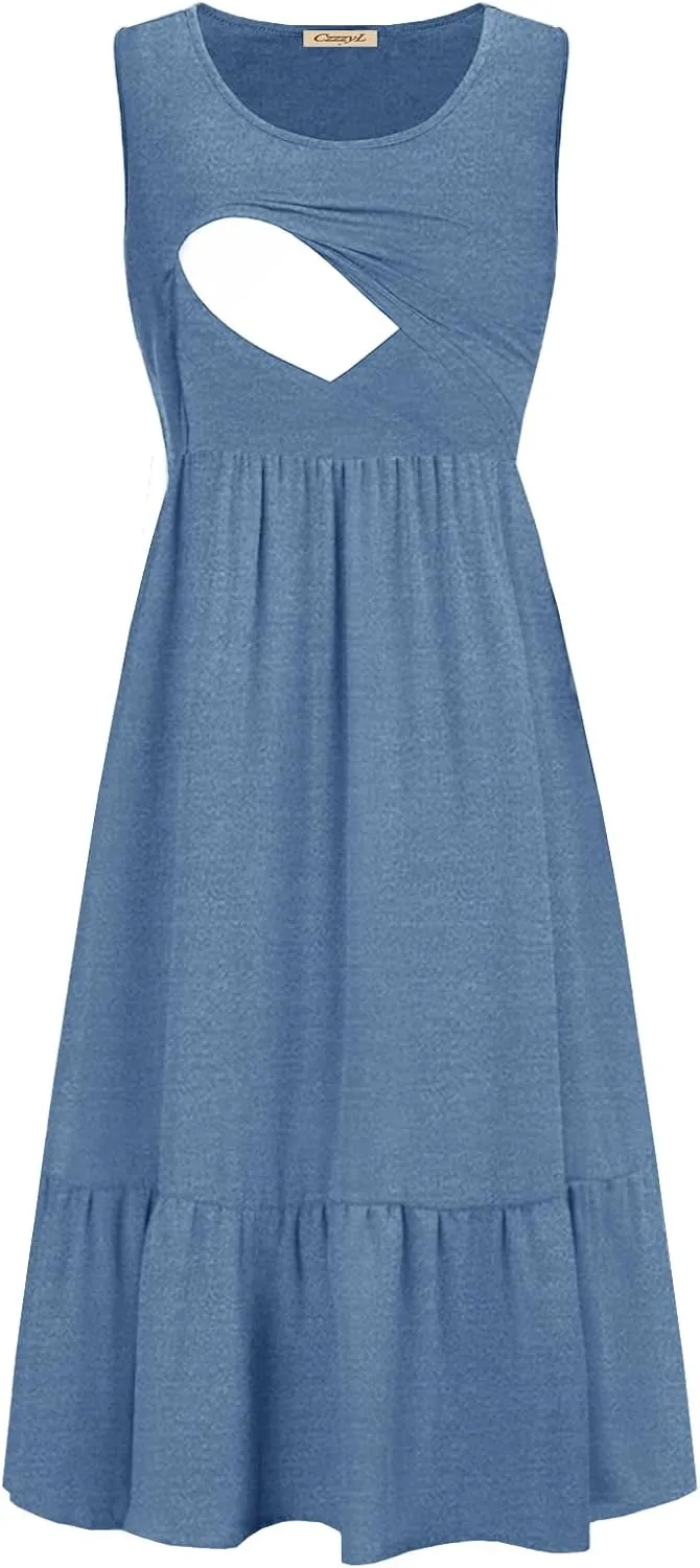Women Nursing Dress Sleeveless Crew Neck Maternity Flowy Maxi Tiered Cocktail Sundress with Pockets