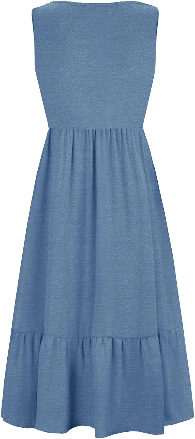 Women Nursing Dress Sleeveless Crew Neck Maternity Flowy Maxi Tiered Cocktail Sundress with Pockets