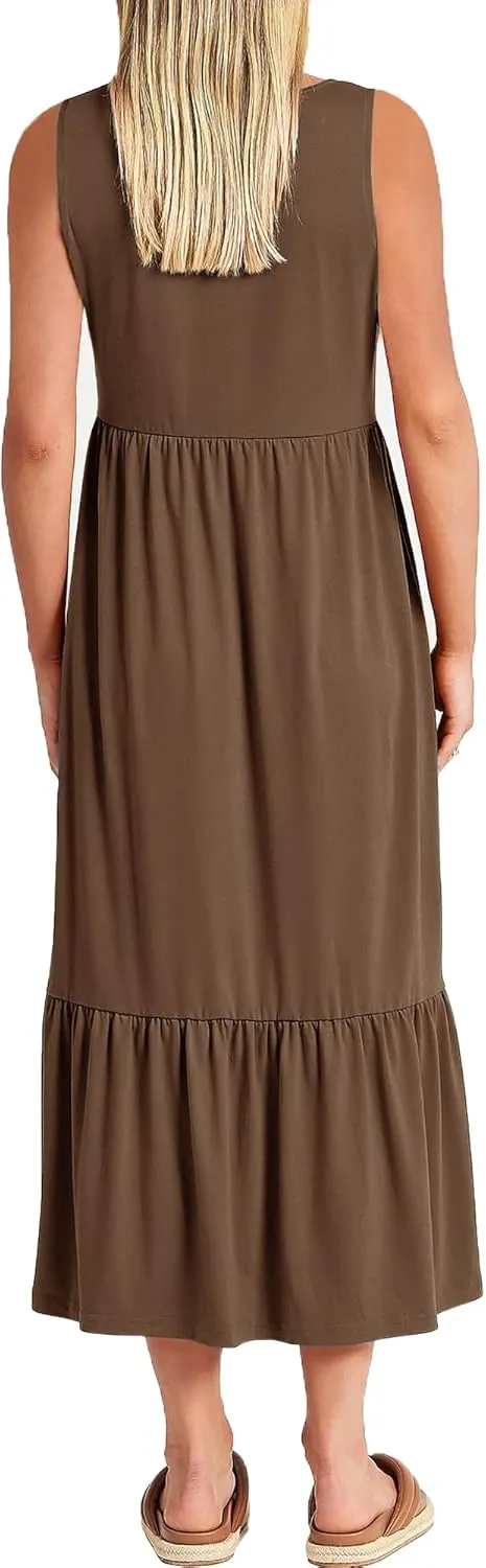 Women Nursing Dress Sleeveless Crew Neck Maternity Flowy Maxi Tiered Cocktail Sundress with Pockets
