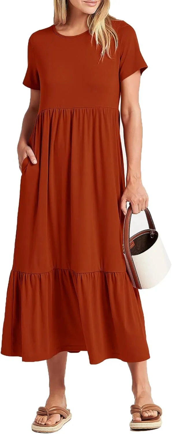 Women Nursing Short Sleeve Crew Neck Fall Dress Maternity Flowy Maxi Dresses Tiered Cocktail Dress with Pockets