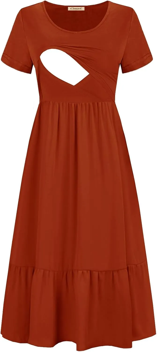 Women Nursing Short Sleeve Crew Neck Fall Dress Maternity Flowy Maxi Dresses Tiered Cocktail Dress with Pockets