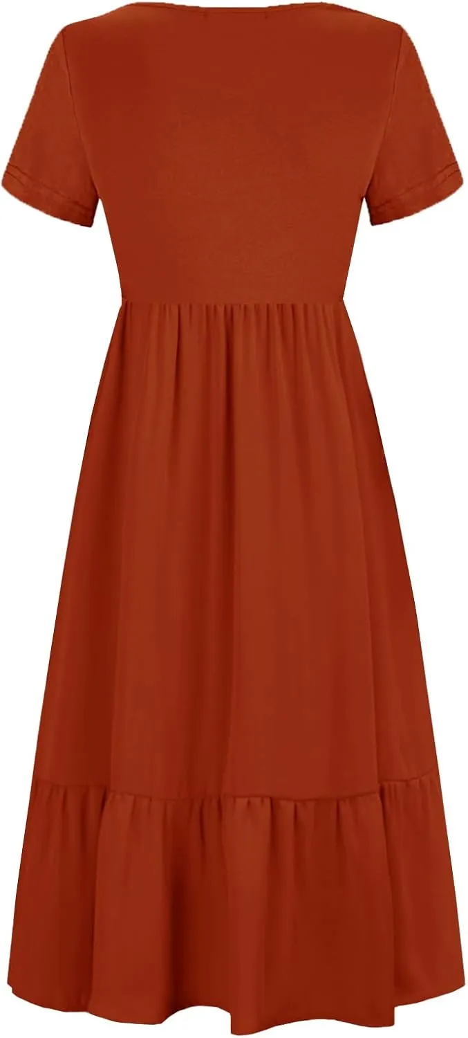Women Nursing Short Sleeve Crew Neck Fall Dress Maternity Flowy Maxi Dresses Tiered Cocktail Dress with Pockets