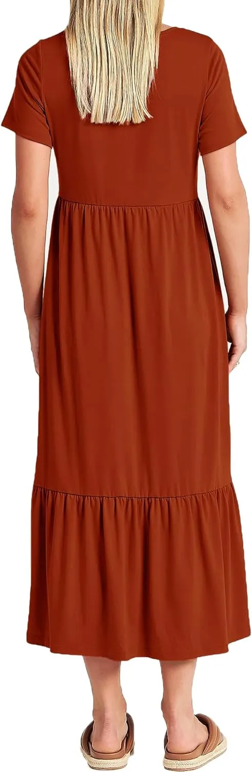 Women Nursing Short Sleeve Crew Neck Fall Dress Maternity Flowy Maxi Dresses Tiered Cocktail Dress with Pockets