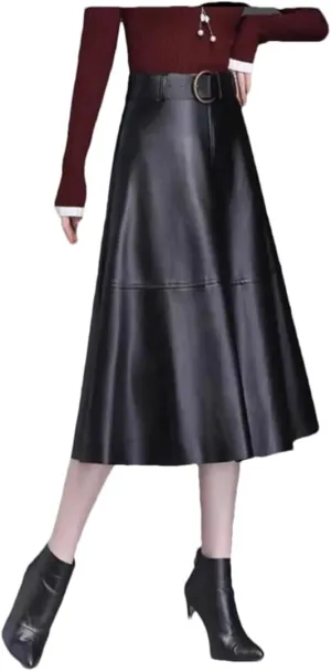 Women PU Leather Midi Skirts A-Line Casual Lady Solid with Belted High Waist Skirt