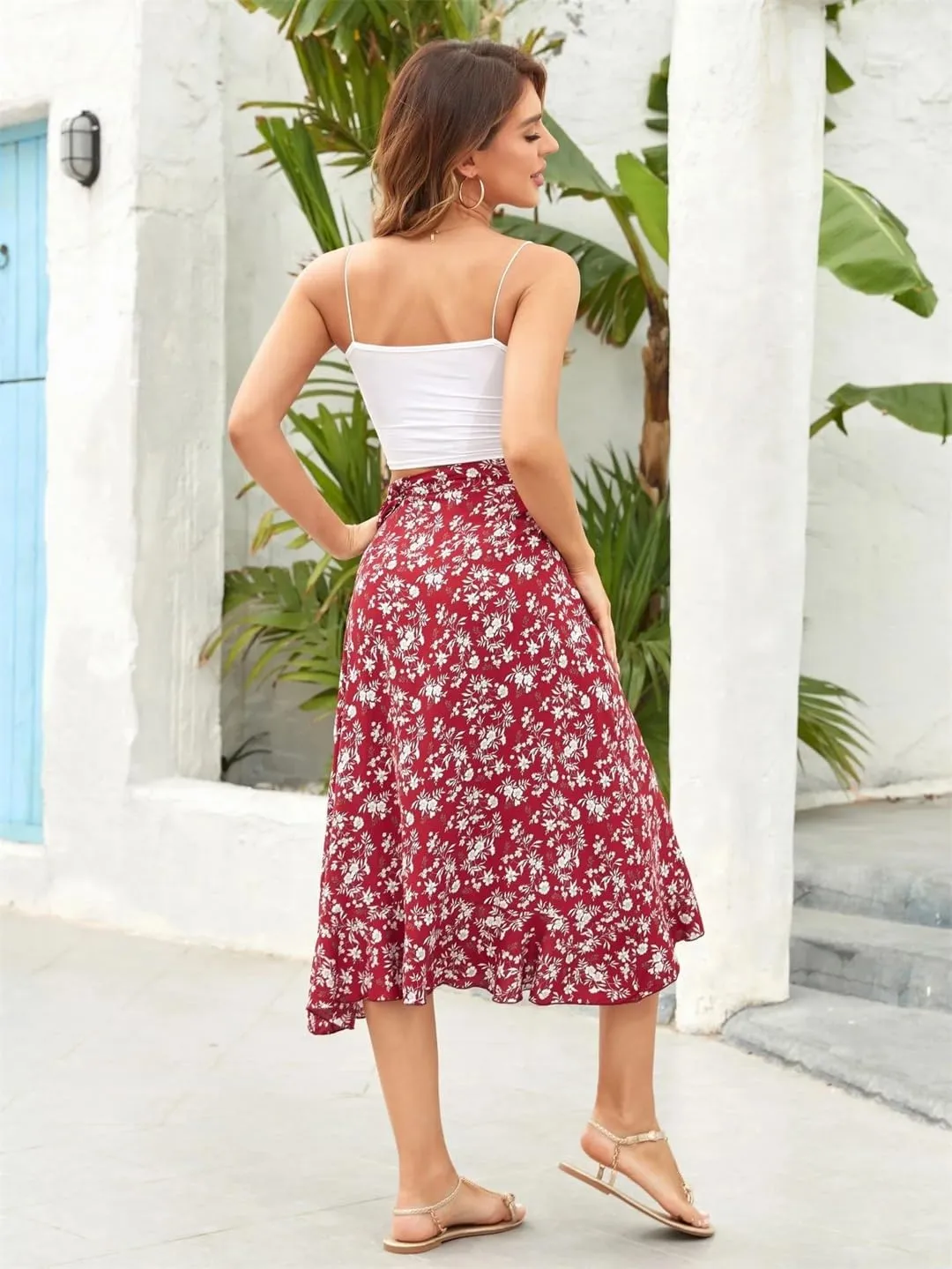 Women Summer Lace-Up High Waist Floral Print Skirt Beach Boho Irregular A Line Midi Skirts