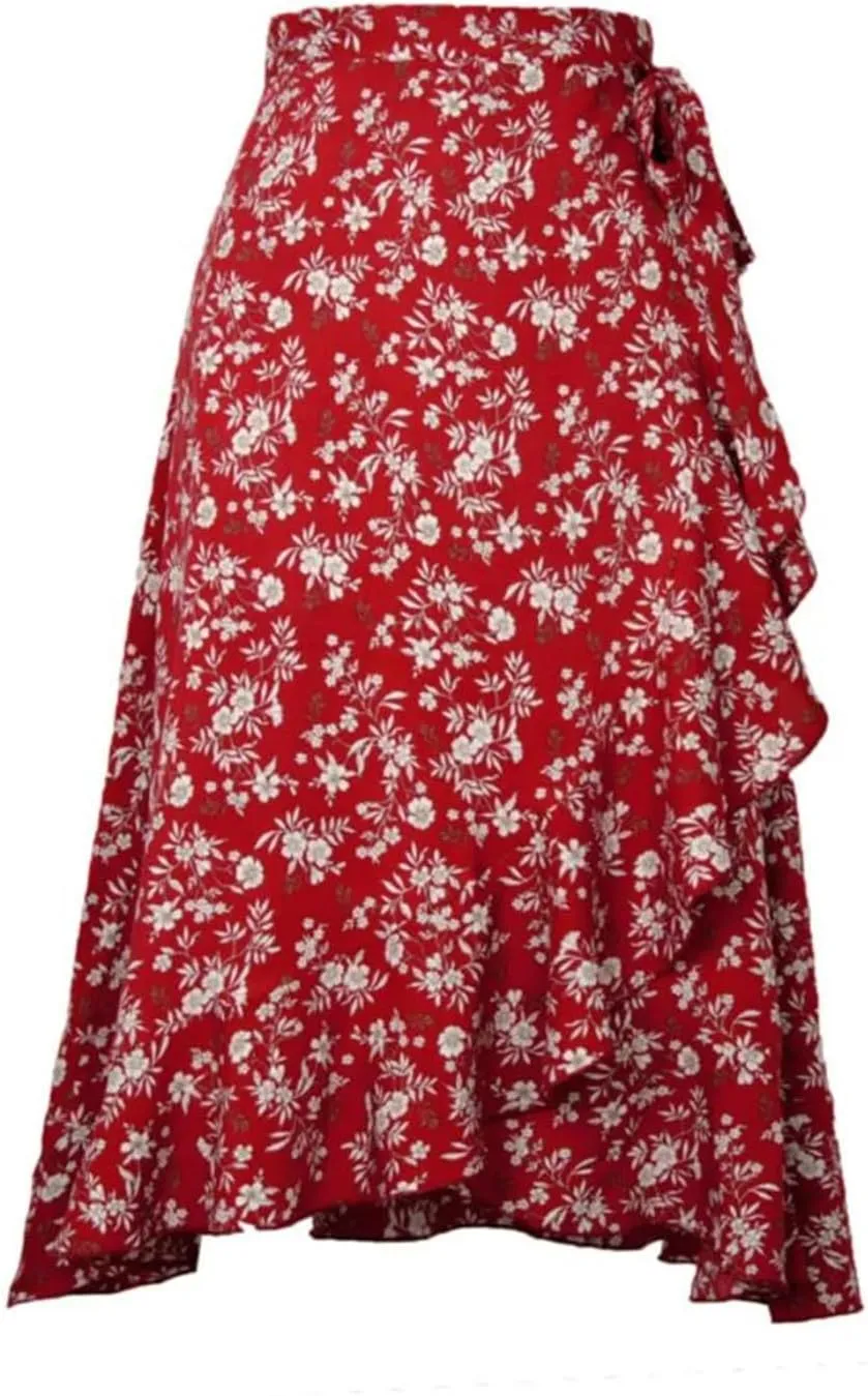 Women Summer Lace-Up High Waist Floral Print Skirt Beach Boho Irregular A Line Midi Skirts