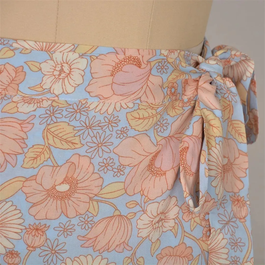Women Summer Lace-Up High Waist Floral Print Skirt Beach Boho Irregular A Line Midi Skirts