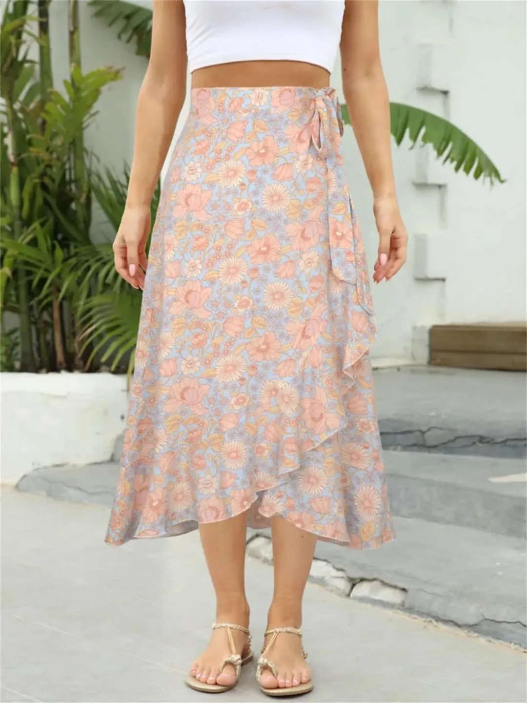 Women Summer Lace-Up High Waist Floral Print Skirt Beach Boho Irregular A Line Midi Skirts